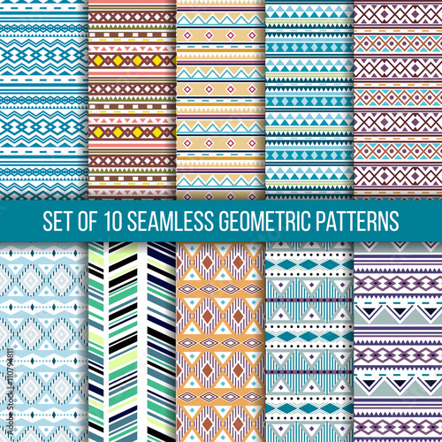 Set of 10 seamless ethnic tribal geometric patterns. Aztec boho ornamental style. Ethnic, native american, indian ornaments. Vecror.
