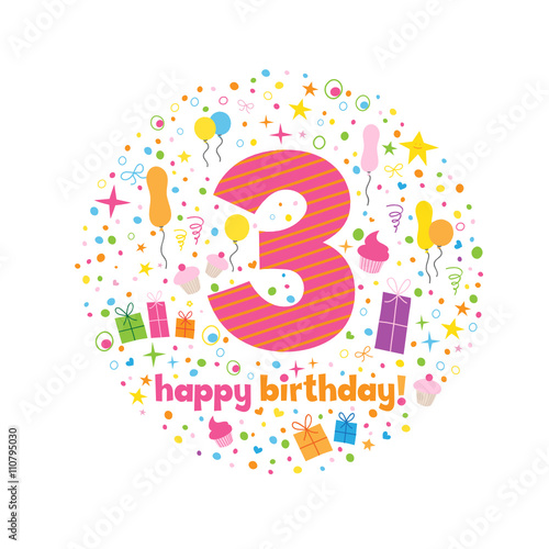 "HAPPY 3rd BIRTHDAY" Card in How Chunky font with motifs