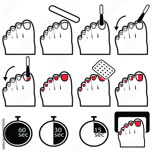 Pedicure gel and hybrid  nails preparation process, lacquer up, and protection process under uv and led lamp icon set in black and white and red