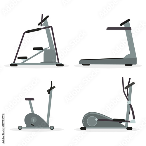 Set of cardio machines - treadmill, elliptical trainer, stepper, exercise bike. Vector.