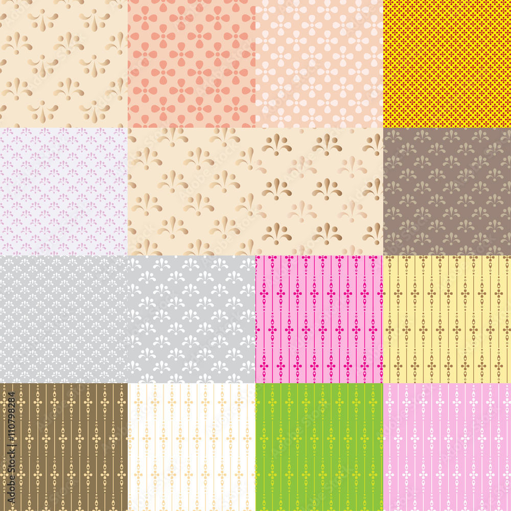 A set of 16 seamless patterns for backgrounds and packing materials. All pattern swatches are included in the file. 