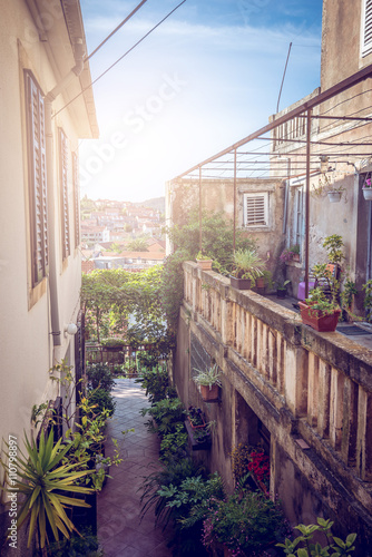 Narrow street of Blato village in Croatia