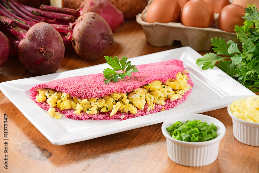 Pink tapioca filled with scrambled eggs