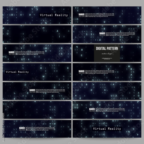 Set of modern banners. Virtual reality, abstract technology background with blue symbols, vector illustration.