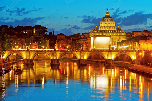 Night View at Saint Peter's Vasilica and Bridge Sant'Angelo over Tiber River in Rome