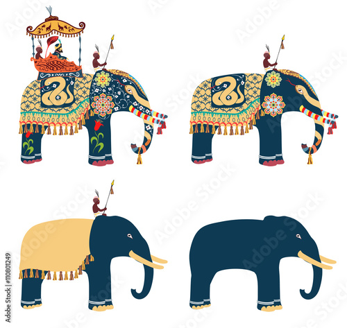 Indian decorated elephant with rider Maharaja and his servants. Vector illustration