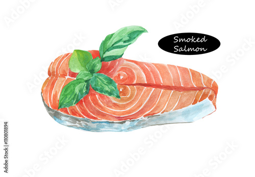 Watercolor smoked salmon with basil isolated on white