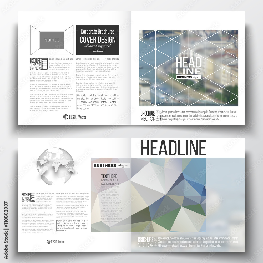 Set of annual report business templates for brochure, magazine, flyer or booklet. Polygonal background, blurred image, urban landscape, modern stylish triangular vector texture