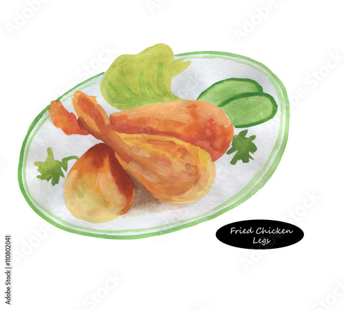 Watercolor fried chicken legs with vegetables on the plate isolated