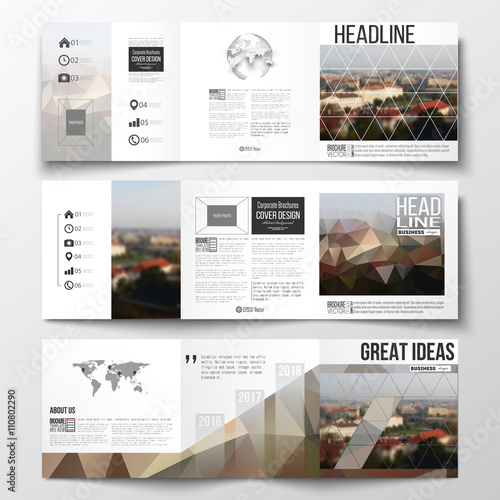 Set of tri-fold brochures, square design templates. Polygonal background, blurred image, urban landscape, Prague cityscape, modern stylish triangular vector texture.