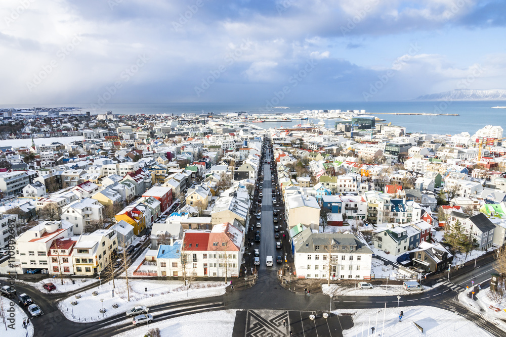 View of the central Reykjavik city in winter. View from the top of Hallgrimskirkja church, Iceland.