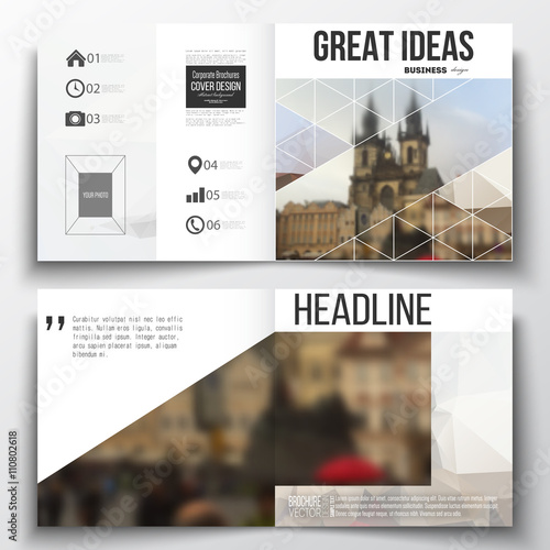 Set of annual report business templates for brochure, magazine, flyer or booklet. Polygonal background, blurred image, urban landscape, Prague cityscape, modern triangular texture