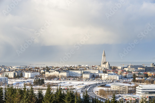 Panorama of Reykjavík seen from Perlan in winter. The Hallgrimskirkja church, Iceland.