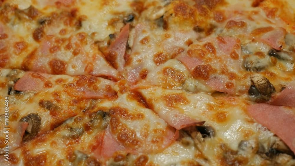 Tasty pizza baked with bacon and vegetables close-up surface 4K 2160p 30fps UltraHD video - Pizza texture close-up panning of Italian traditional food 4K 3840X2160 UHD footage Tasty pizza baked with bacon and vegetables close-up surface 4K 2160p 30fps UltraHD video - Pizza texture close-up panning of Italian traditional food 4K 3840X2160 UHD footage