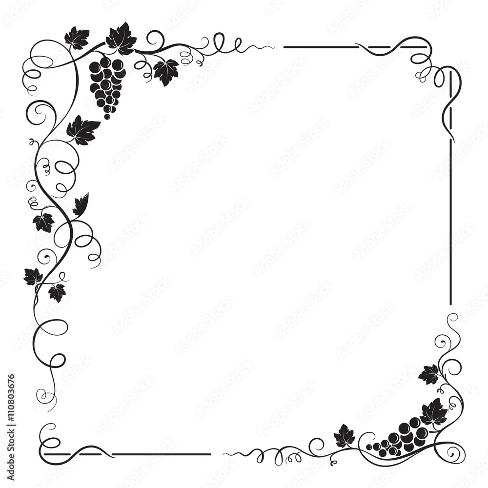 Decorative black square frame with bunch of grapes, grape leaves,  swirls.