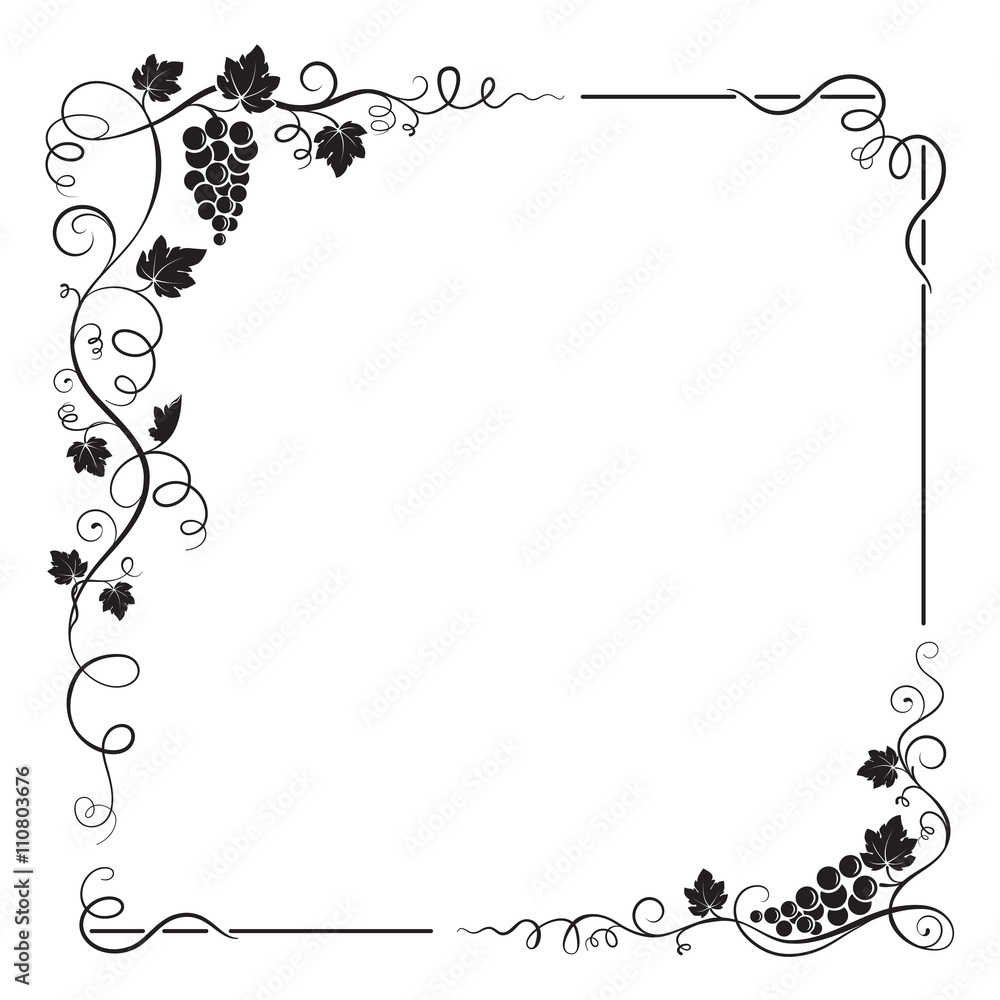 Decorative black square frame with bunch of grapes, grape leaves, swirls. Decorative black square frame with bunch of grapes, grape leaves, swirls.
