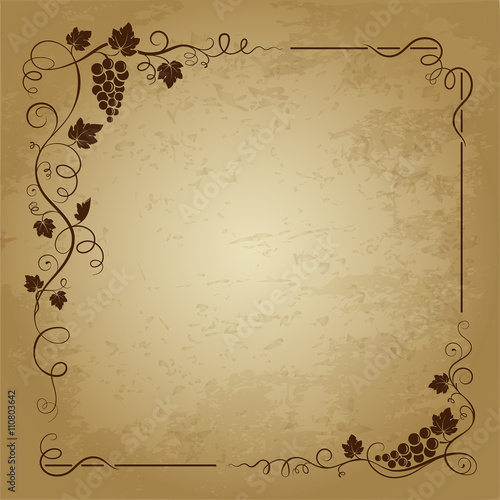 Decorative square frame with bunch of grapes, grape leaves,  swirls on grunge background. Vector image.