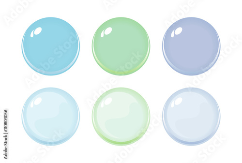 Illustration of icon bottons isolated on white. Set of light green, blue, violet color labels, 6 bottons. Multi-colored glass balls. Vector
