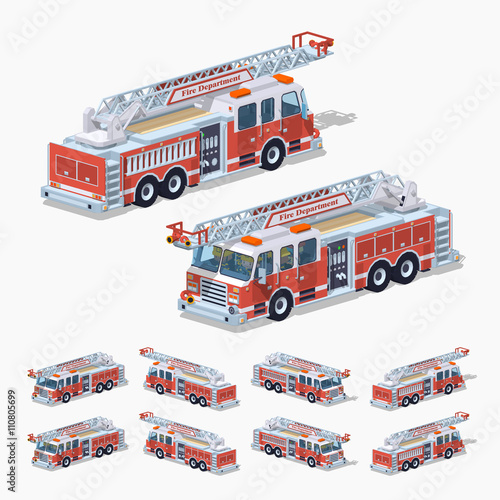 Fire truck. 3D lowpoly isometric vector illustration. The set of objects isolated against the white background and shown from different sides