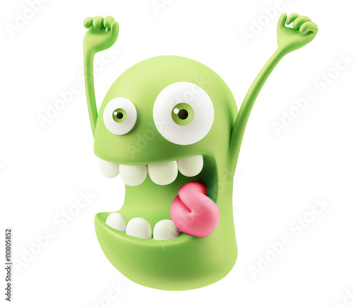 Funny Happy Emoticon Face Raising Hands 3d Rendering. photo