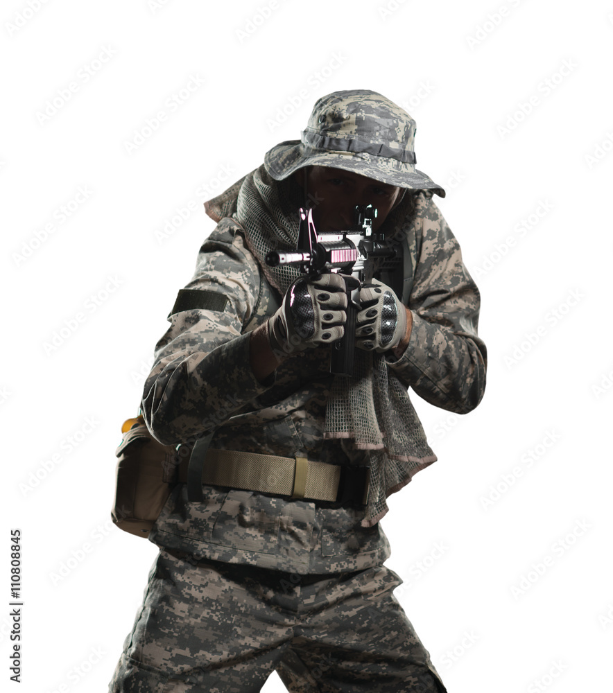 soldier man hold Machine gun on a white background