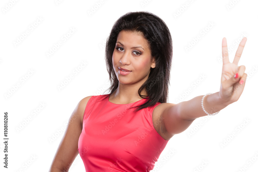 Mixed race woman girl giving peace v sign gesture.