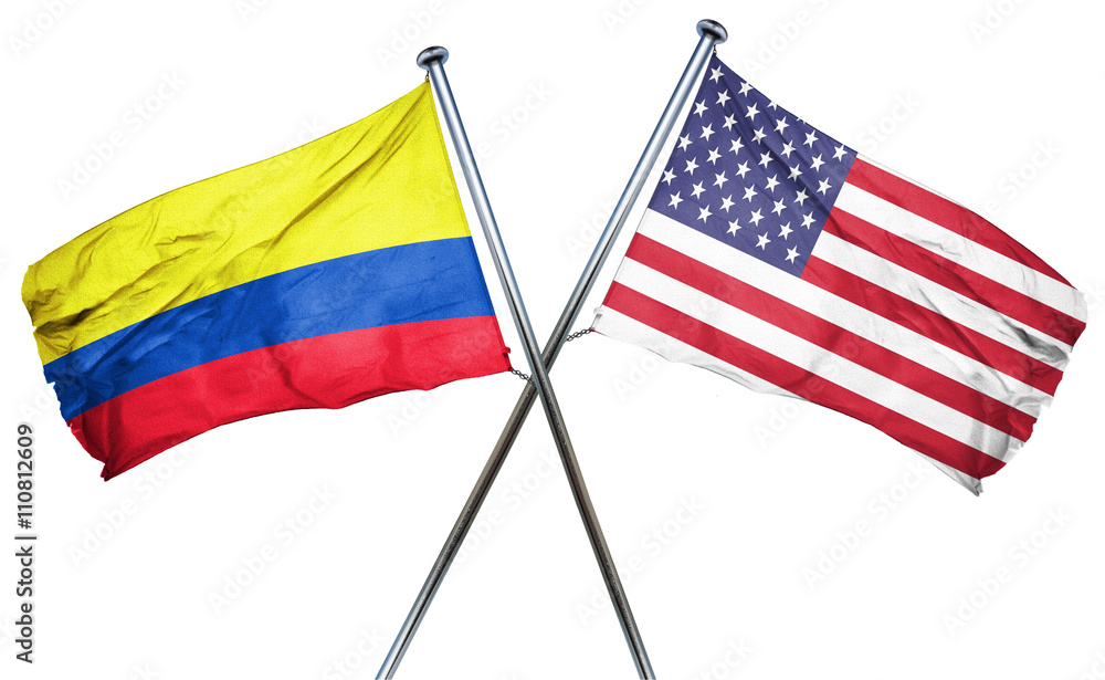 Colombia flag with american flag, isolated on white background