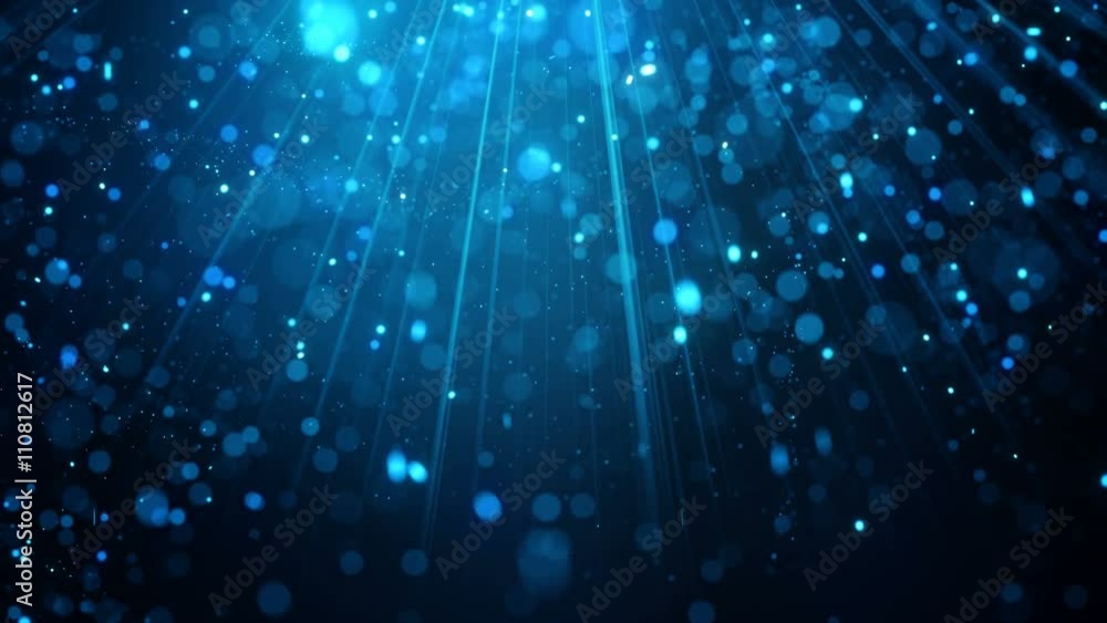 Blue glitter particles falling in light rays loop