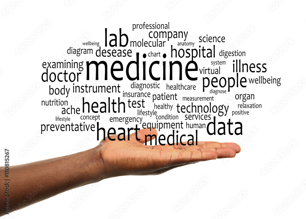 Male hands with word cloud. Medical concept Male hands with word cloud. Medical concept