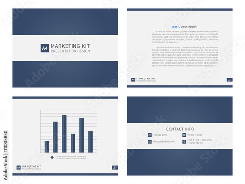 Marketing kit presentation vector template. Modern business presentation creative design. Power layout with diagrams and charts. Marketing kit visualization template. Easy to use, edit and print.