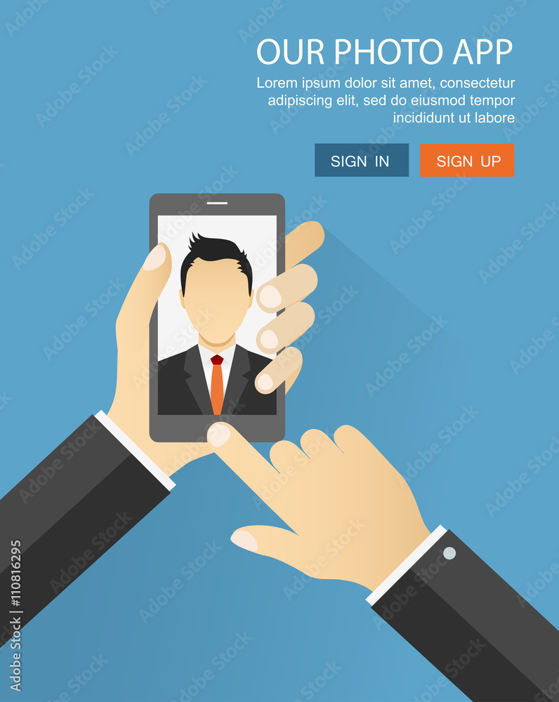 Flat illustration of photo applications. Selfie shot by office m Flat illustration of photo applications. Selfie shot by office m