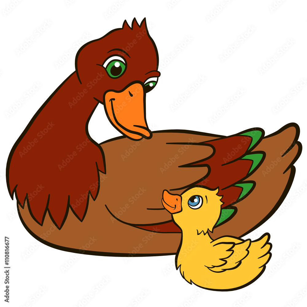 Cartoon birds for kids. Mother duck with her little cute duckling. They  smile. Stock Vector | Adobe Stock