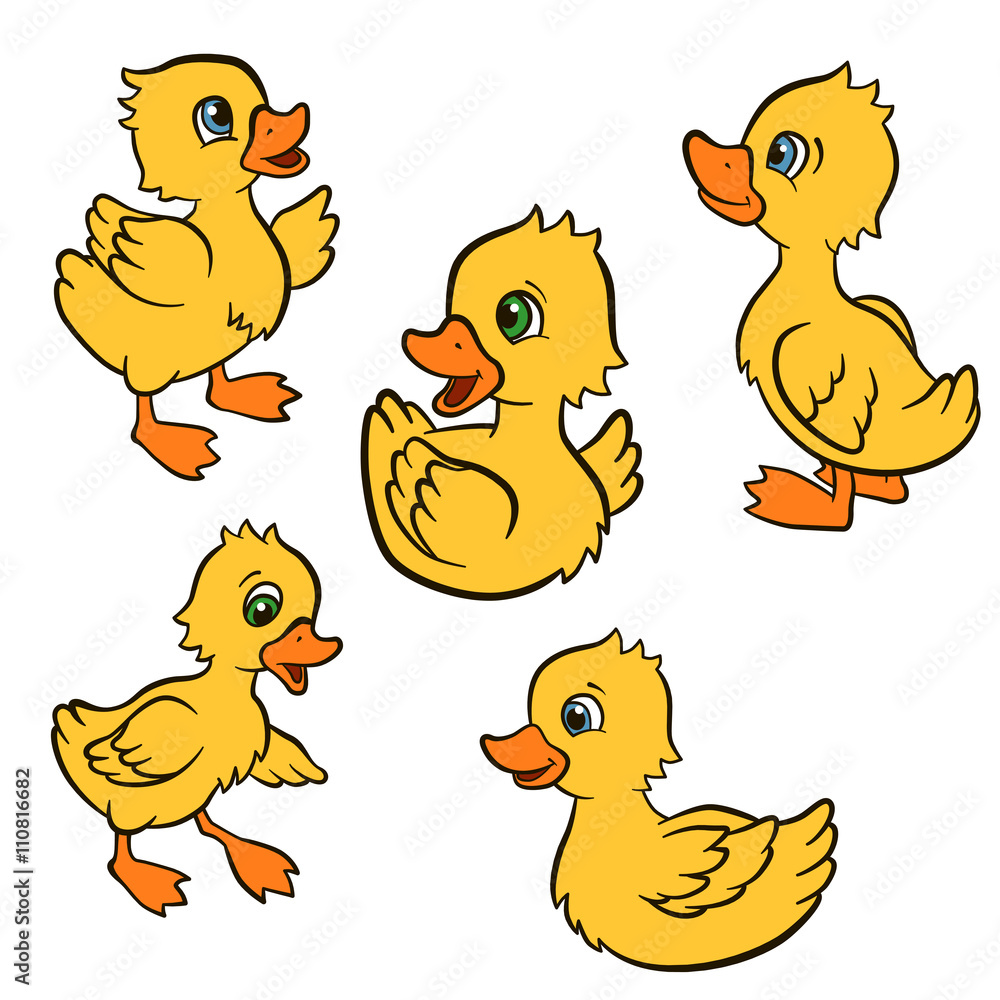 Cartoon birds for kids. Little cute ducklings play and smile. They are  happy. Stock Vector | Adobe Stock