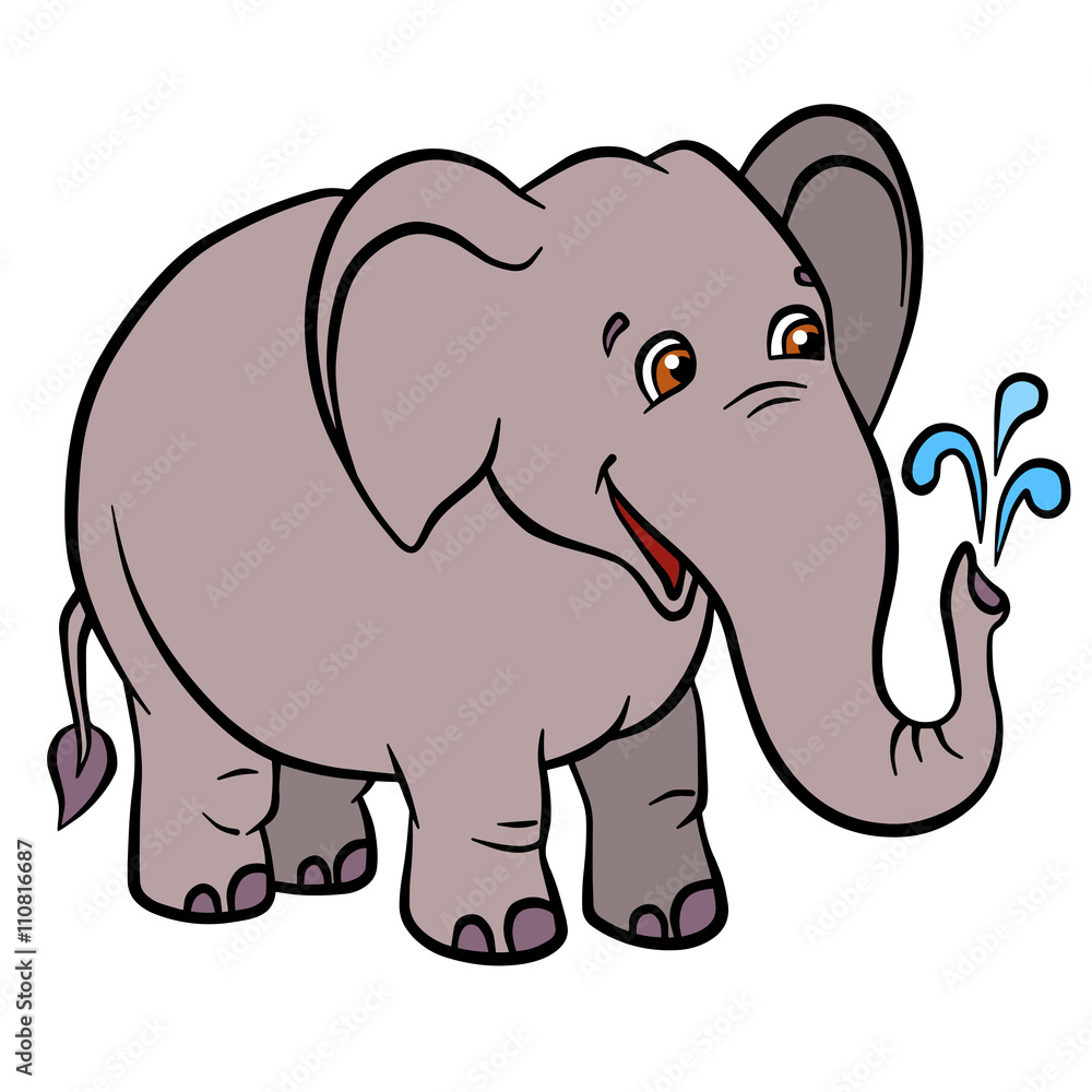 Cartoon wild animals for kids. Little cute elephant lets water fountain from the trunk. He smiles.