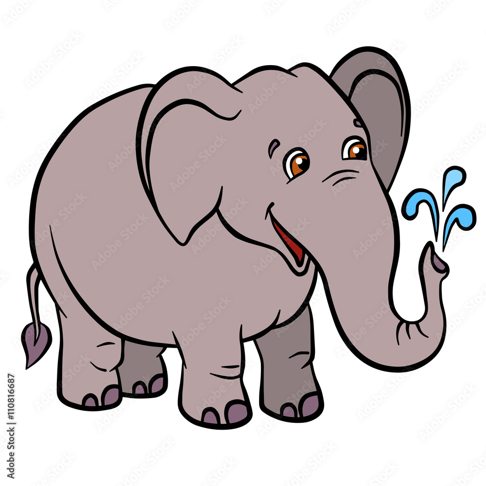 Cartoon wild animals for kids. Little cute elephant lets water fountain from the trunk. He smiles. Cartoon wild animals for kids. Little cute elephant lets water fountain from the trunk. He smiles.