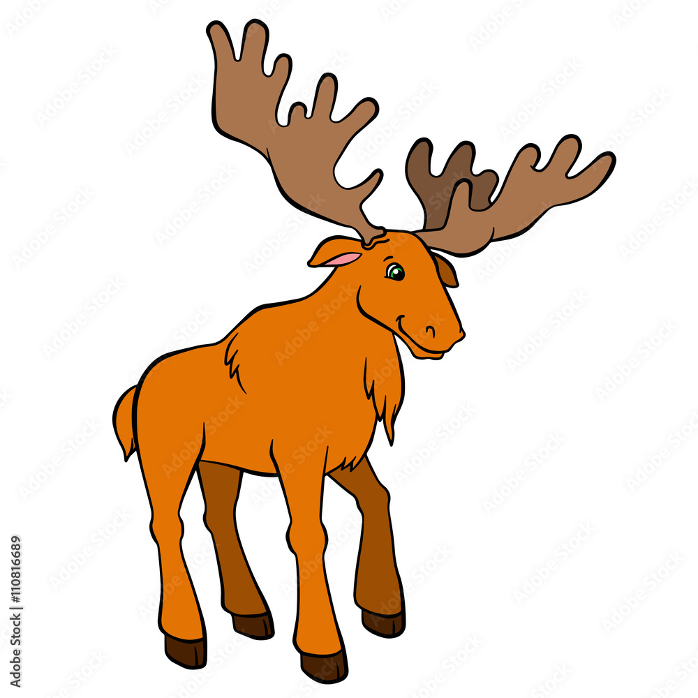 Cartoon wild animals for kids. Cute elk with huge horns stands and smiles. He is happy. Cartoon wild animals for kids. Cute elk with huge horns stands and smiles. He is happy.