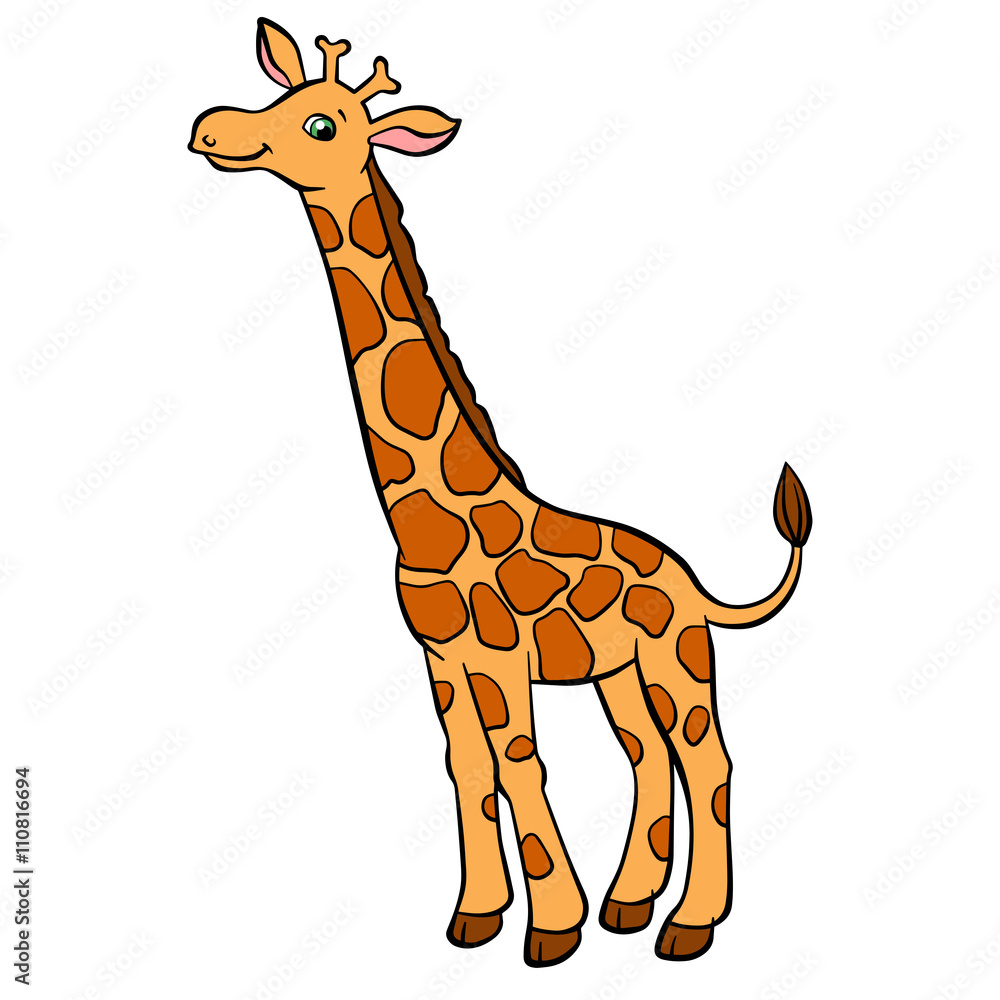 Cartoon wild animals for kids. Little cute spotted giraffe with long neck  stands and smiles. He is happy. Stock Vector | Adobe Stock