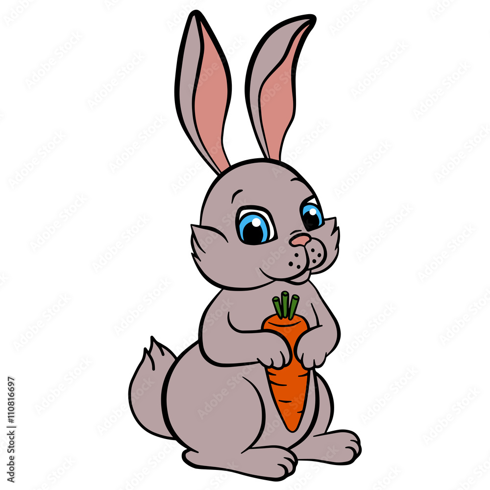 Cartoon wild animals for kids. Little cute rabbit holds a carrot in the hands. He smiles. Cartoon wild animals for kids. Little cute rabbit holds a carrot in the hands. He smiles.