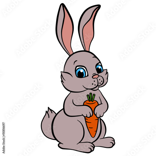 Cartoon wild animals for kids. Little cute rabbit holds a carrot in the hands. He smiles. © ya_mayka