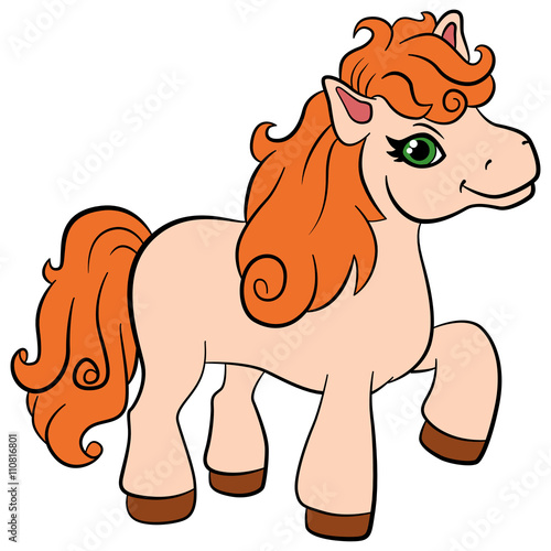 Cartoon farm animals for kids. Little cute pony with beautiful orange mane smiles. She is happy.