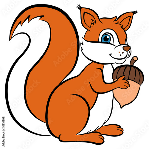 Cartoon wild animals for kids. Little cute squirrel holds an acorn in the hands and smiles. She is happy.