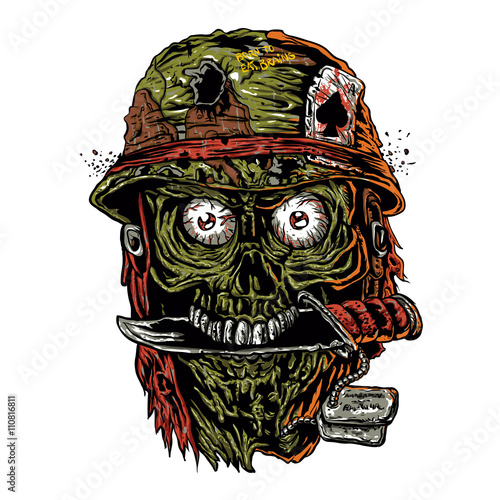 military zombie with knife in mouth.
