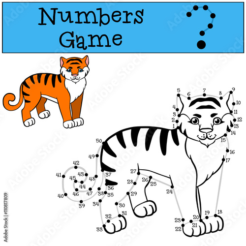 Fototapeta Naklejka Na Ścianę i Meble -  Numbers game with contour. Little cute tiger smiles.
