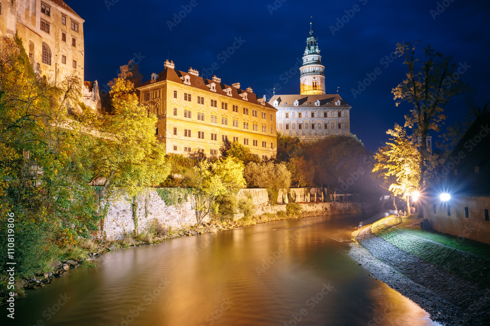 Beautiful Night View To Castle Tower In Cesky Krumlov, Czech Rep