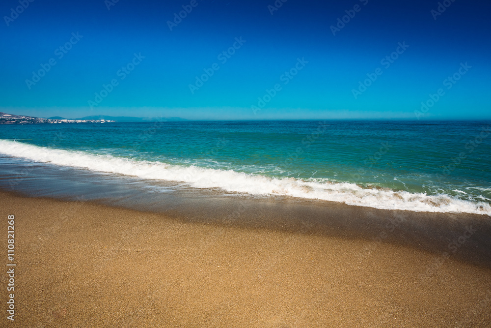 Sea Ocean Waves Wash Over Golden Sand Background