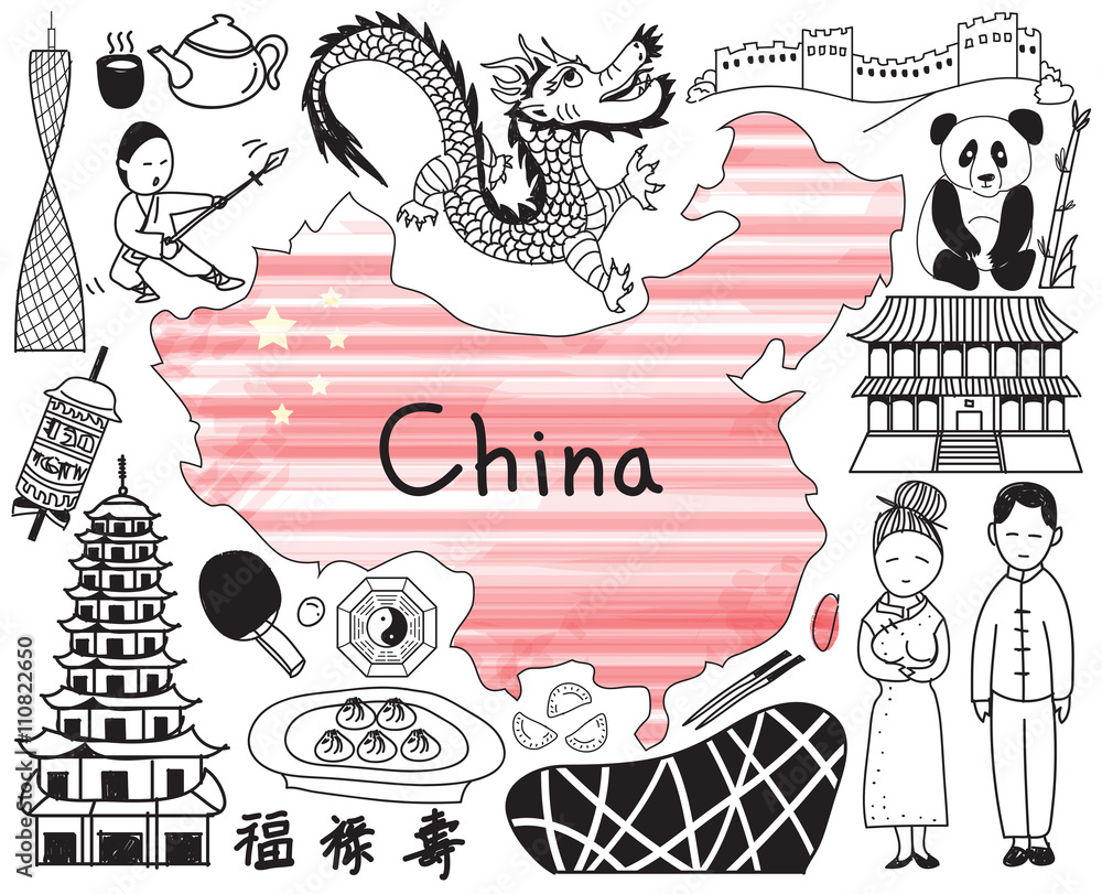 Travel to China doodle drawing icon with culture, costume, landmark and cuisine tourism concept in isolated background, create by vector  
