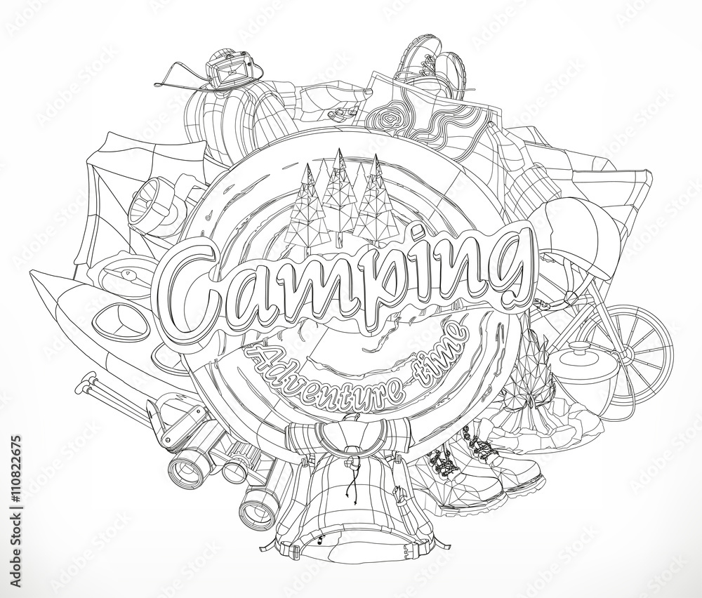 Camping, adventure time vector illustration, black and white pattern, lines