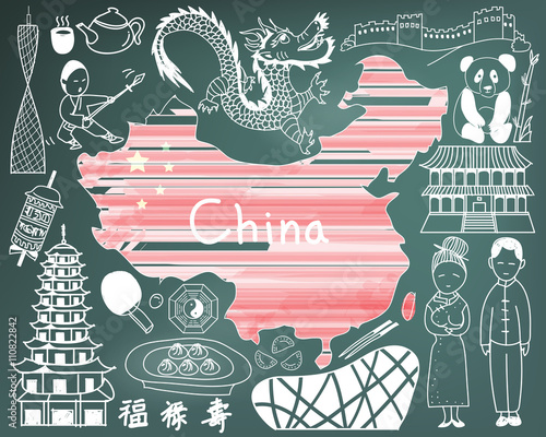 
Travel to China doodle drawing icon with culture, costume, landmark and cuisine tourism concept in blackboard background, create by vector  
