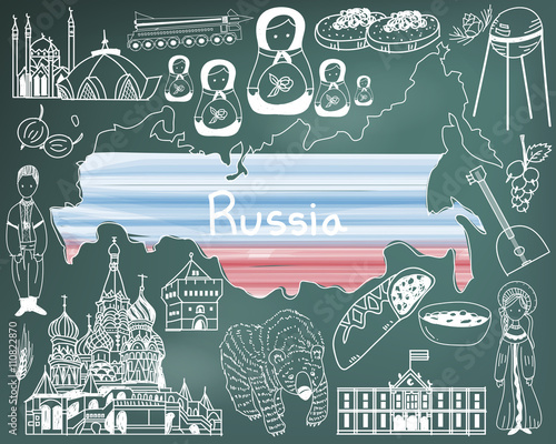 Travel to Russia doodle drawing icon with culture, costume, landmark and cuisine tourism concept in blackboard background. Vector 