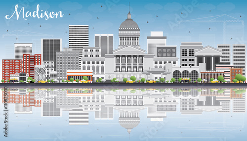 Madison Skyline with Gray Buildings, Blue Sky and Reflections.